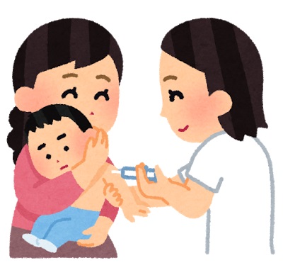 お母さんに抱っこされた男の子の腕に白衣を着た女性が注射をしているイラスト