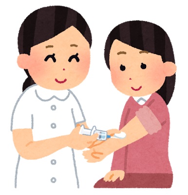 女性の腕に注射をしている白衣を着た女性のイラスト
