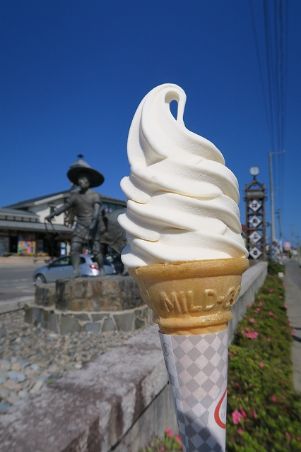 奥に見える観光物産館ぱあぷるの建物とのだ塩ソフトクリームの写真
