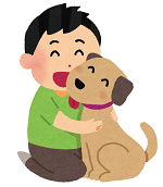 じゃれ合う犬と男の子のイラスト