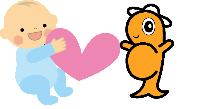 野田村のキャラクター「のんちゃん」とハートを捕まえている赤ちゃんのイラスト