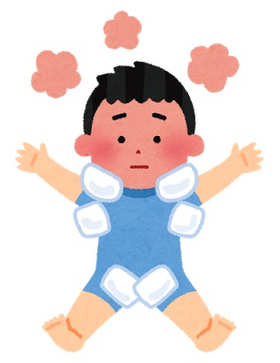 熱が出て体中を冷やしている男の子のイラスト