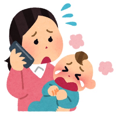 泣いている赤ちゃんを抱っこして電話をかけている女性のイラスト