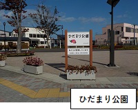 ひだまり公園：「ひだまり公園」と書かれた看板の奥に街灯や植栽などがある整備された広場が写っている写真