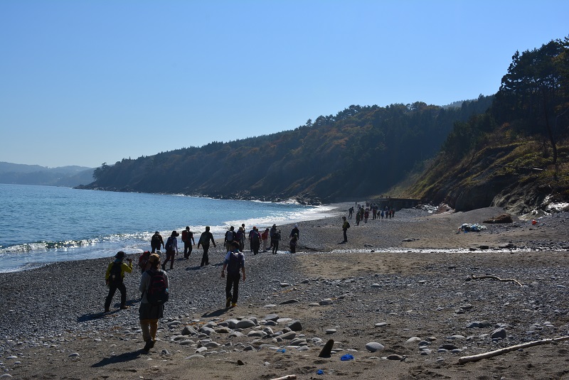 海岸線に沿ったトレイルコースを歩いている参加者の写真