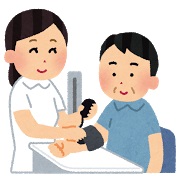 看護師が患者の血圧を測定している様子を描いたイラスト画像